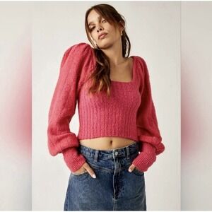 Free People "Katie" Pullover Cropped Sweater Magenta Cherry Pink Puff Sleeve LG